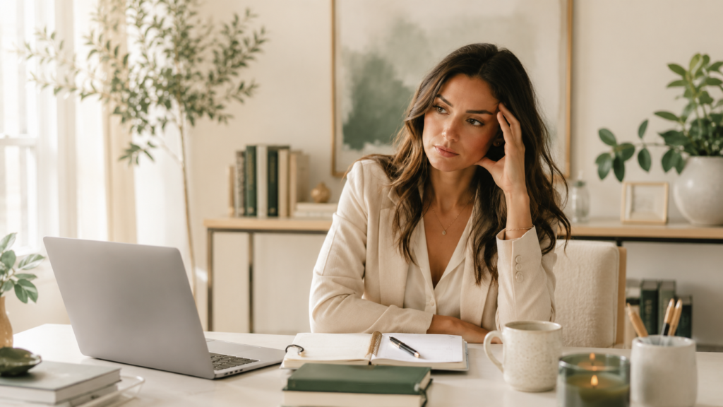 Thoughtful woman sitting at a tidy desk with a laptop and notebook, reflecting on outward success while feeling emotionally drained inside.