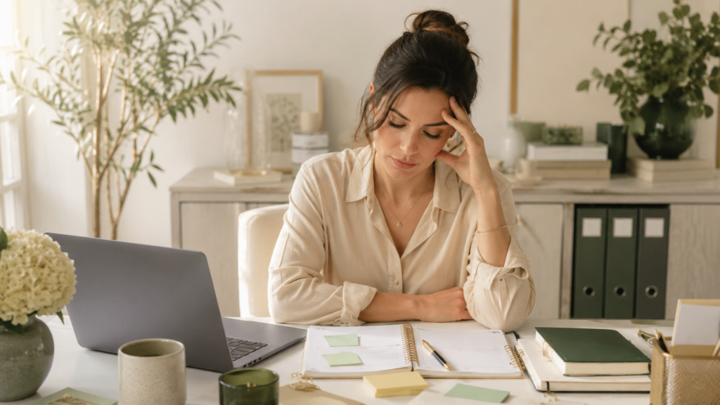 High-achieving woman feeling overwhelmed at her desk with a laptop, planner, and sticky notes, reflecting late-diagnosed ADHD in women.