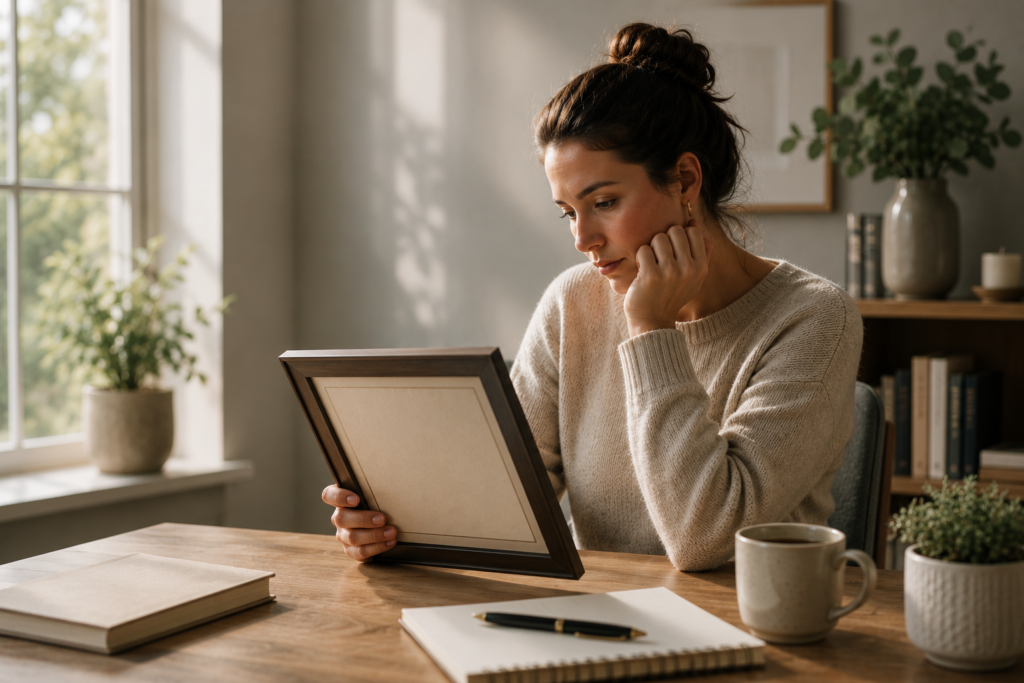 Woman looking at a certificate or award without visible satisfaction, representing achievement addiction and EMDR therapy in Fairfax VA.