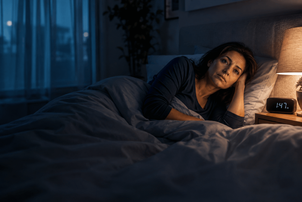 Woman lying awake in bed at night, illustrating insomnia and sleep difficulties